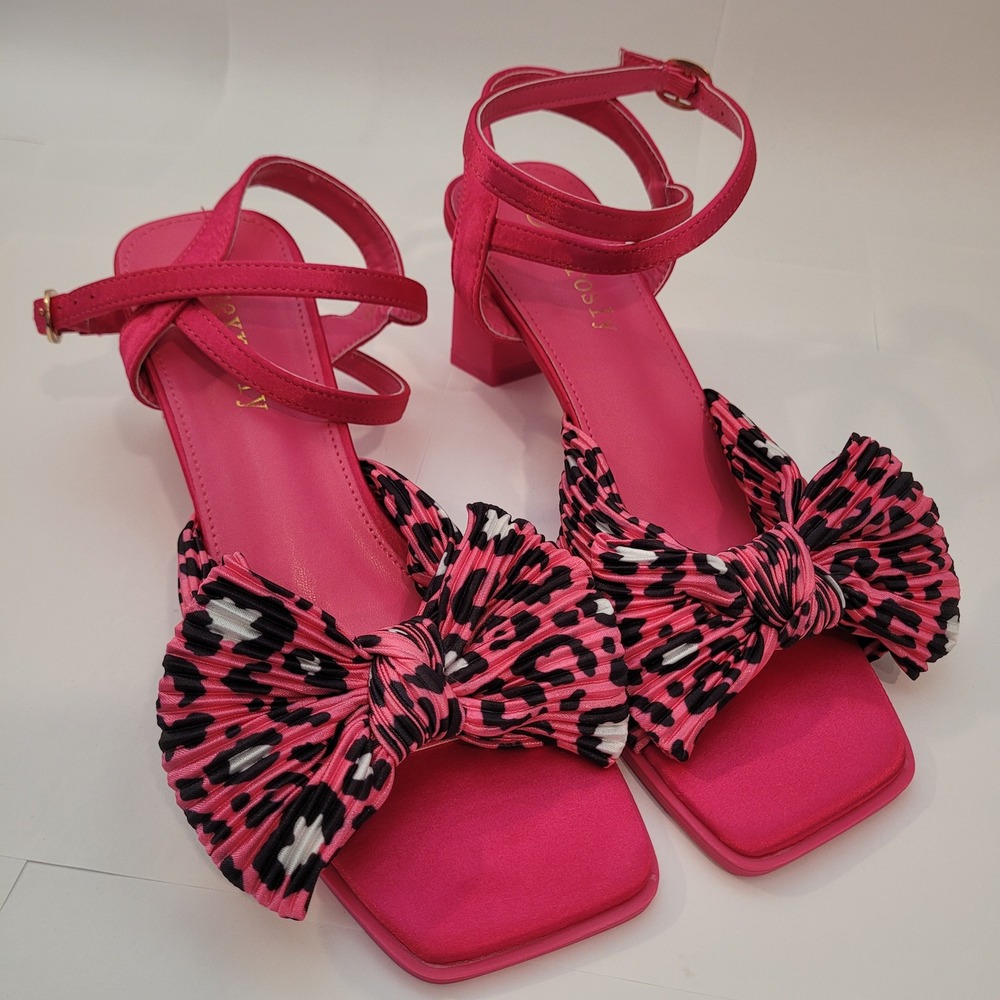 Sexrosly Block Heel Sandals Womens‎ 9 Pink Leopard Bow Ankle Strap New - Picture 8 of 8